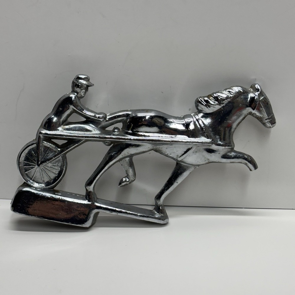Vintage 1950's Trotter Harness Horse & Jockey Buggy Sulky Hood Ornament *READ*